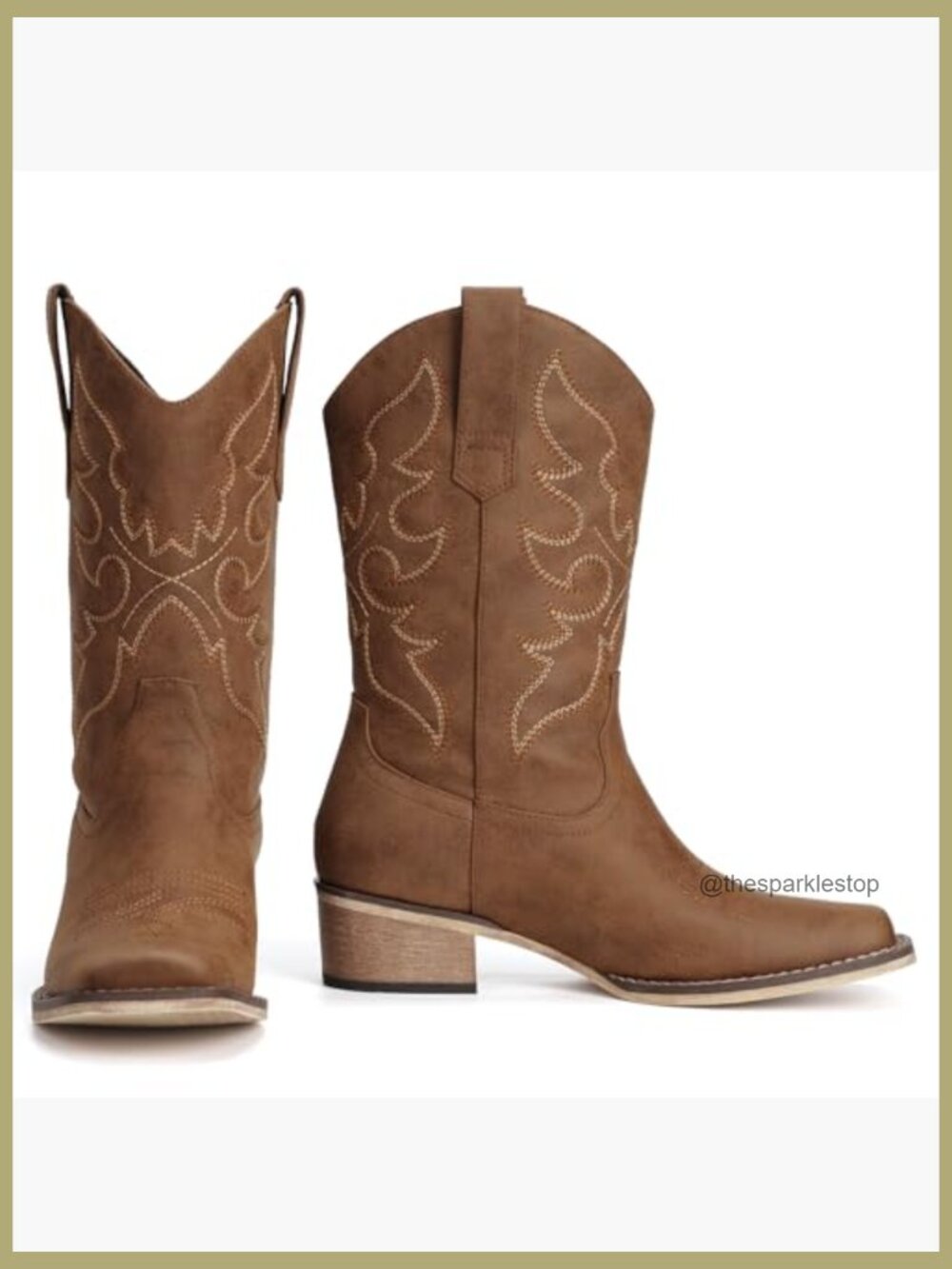 Mid Calf Cowgirl Boots Square Toe Chunky Heel Embroidery Pull On - Picture 5 of 7